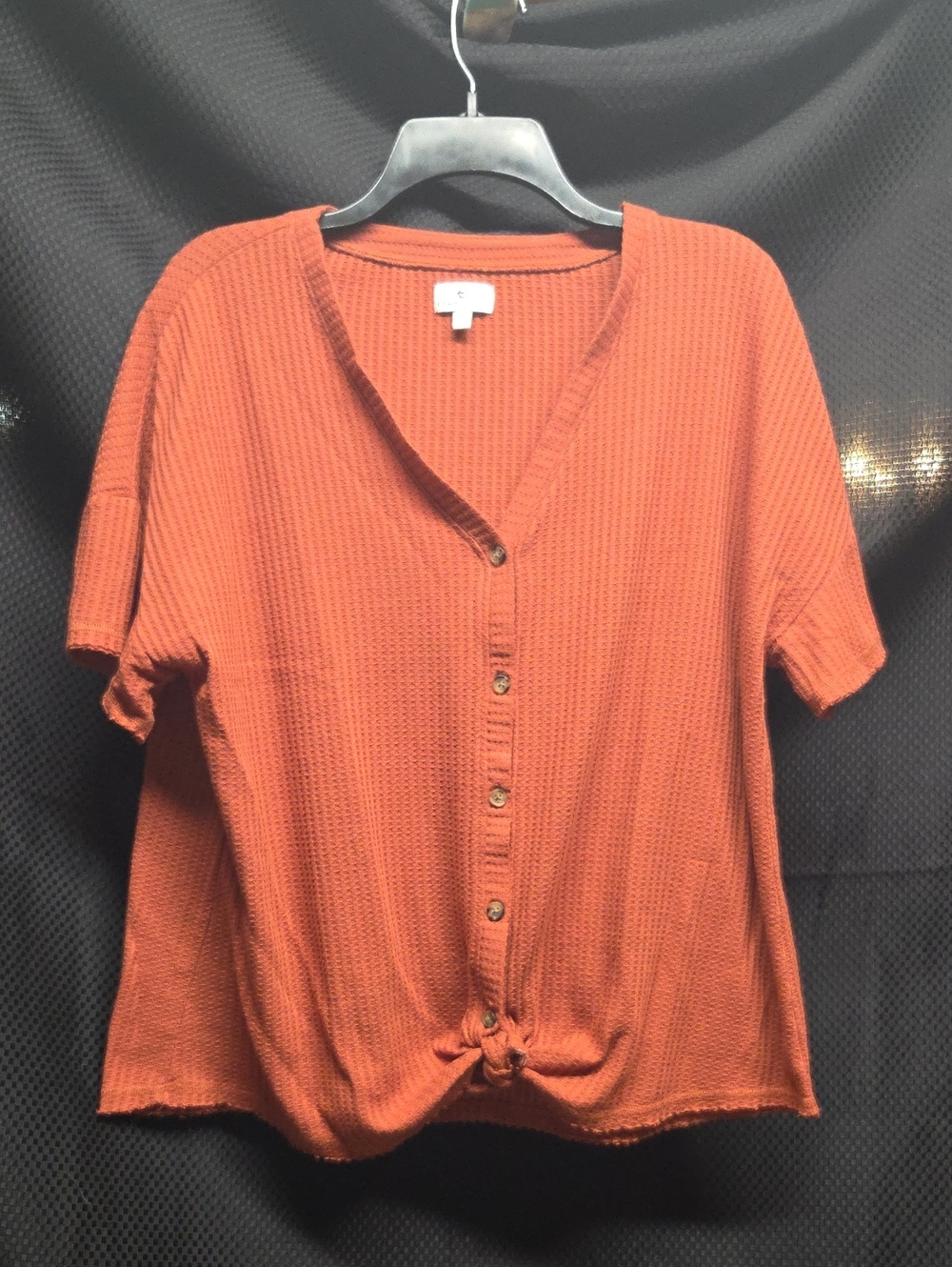 True Craft Rust Short Sleeve Button-Front Knit Top with Front Tie